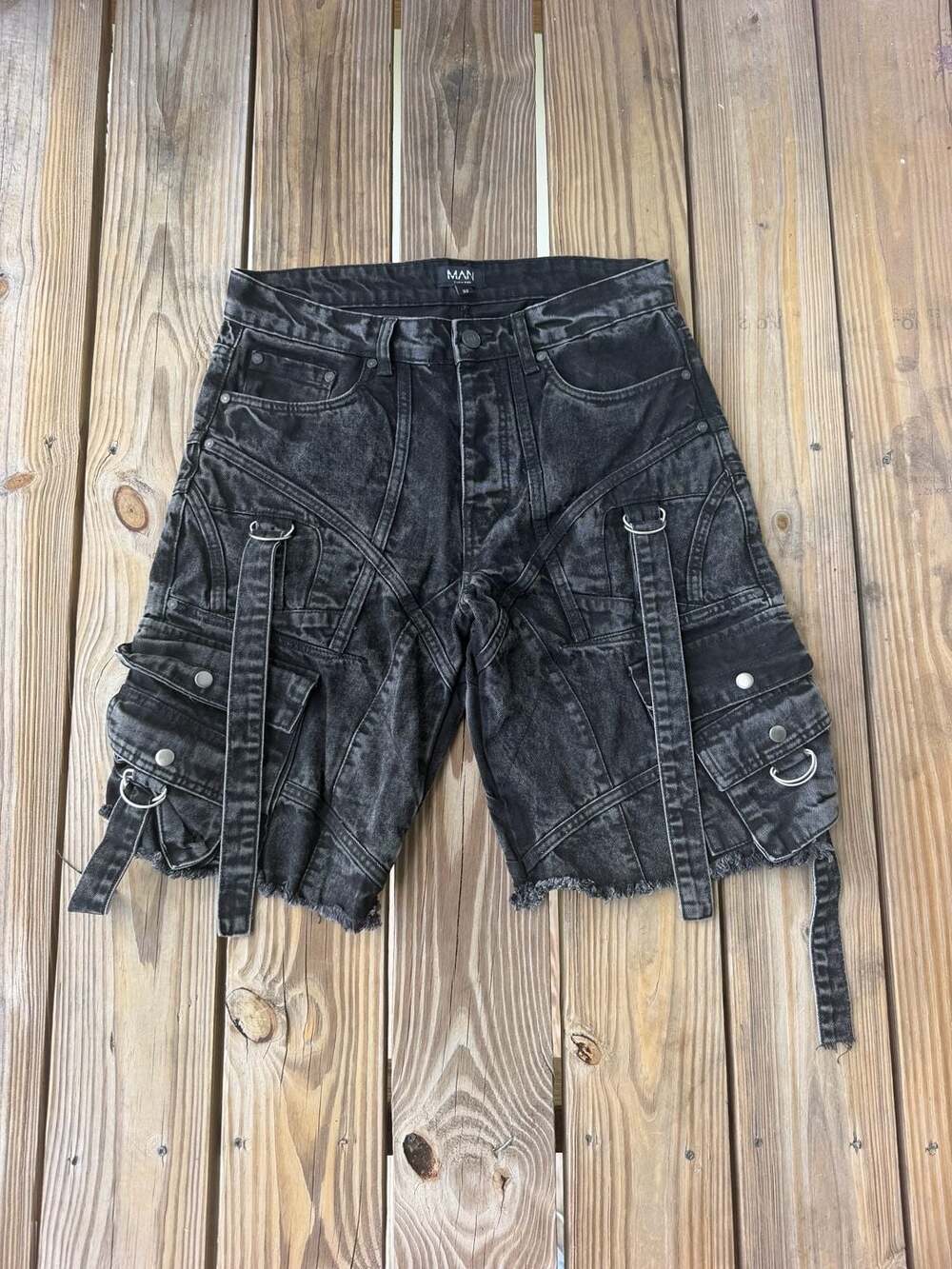boohooMAN Denim Shorts Size 32 Black Strap Cargo Jorts